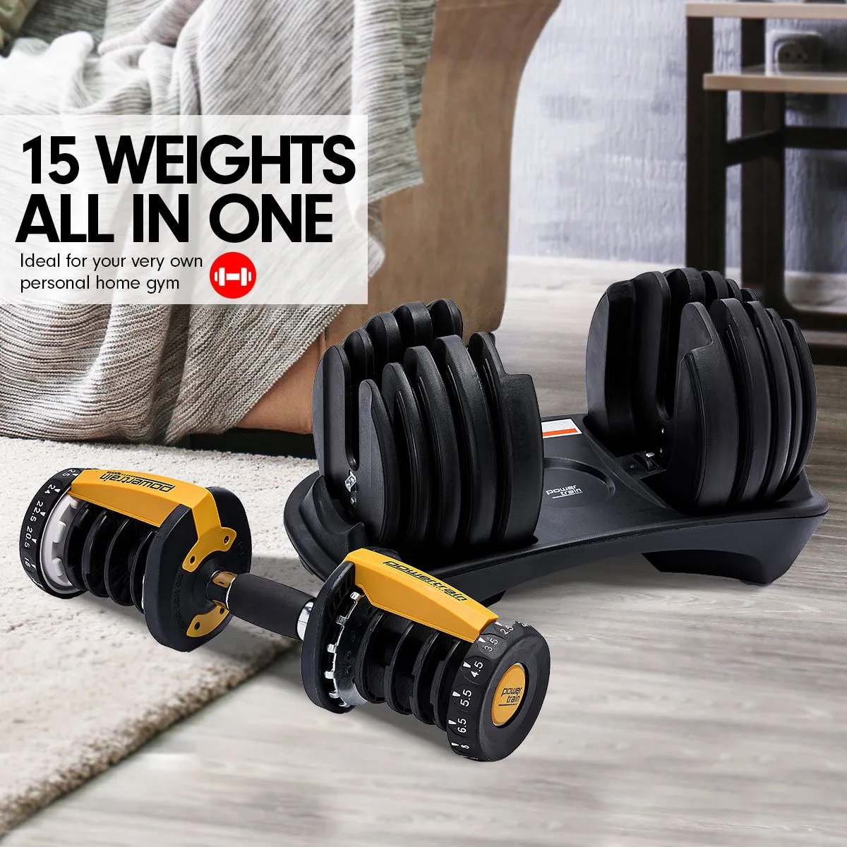 48kg Adjustable Dumbbell Home Gym Set | Gold | Powertrain