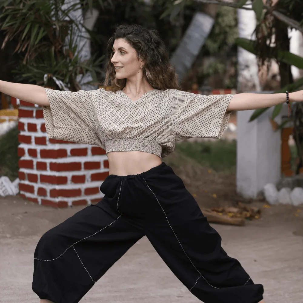 Beige-Printed Women's Cotton Yoga Smock Top | Loose fit for Ultimate Relaxation with Sleeves | Smocked Waist Crop Top
