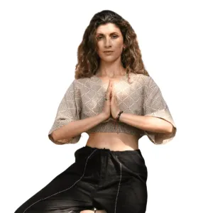 Beige-Printed Women's Cotton Yoga Smock Top | Loose fit for Ultimate Relaxation with Sleeves | Smocked Waist Crop Top