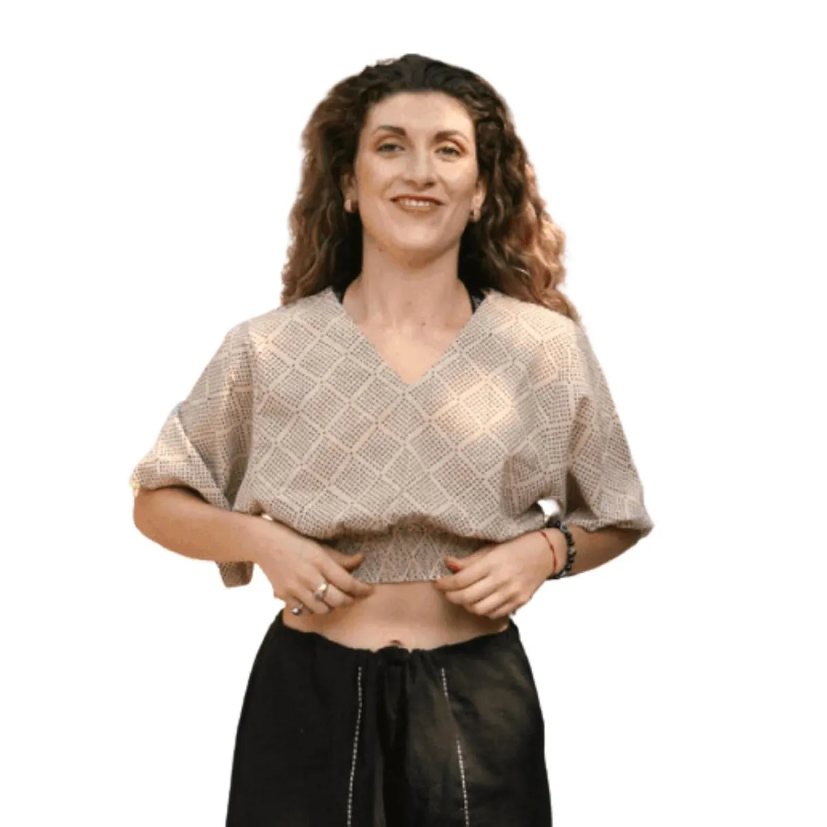 Beige-Printed Women's Cotton Yoga Smock Top | Loose fit for Ultimate Relaxation with Sleeves | Smocked Waist Crop Top