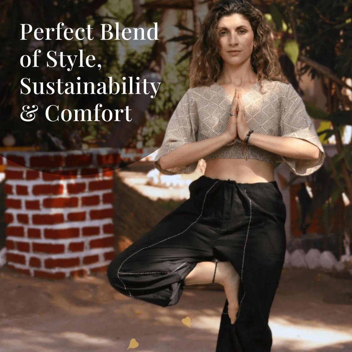Beige-Printed Women's Cotton Yoga Smock Top | Loose fit for Ultimate Relaxation with Sleeves | Smocked Waist Crop Top