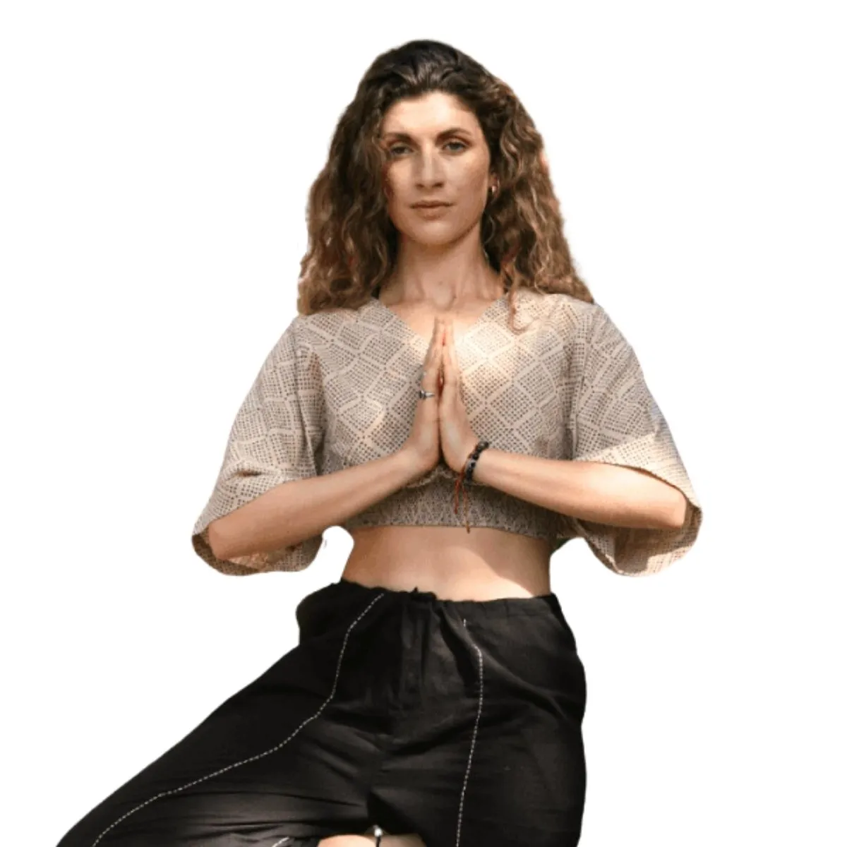 Beige-Printed Women's Cotton Yoga Smock Top | Loose fit for Ultimate Relaxation with Sleeves | Smocked Waist Crop Top