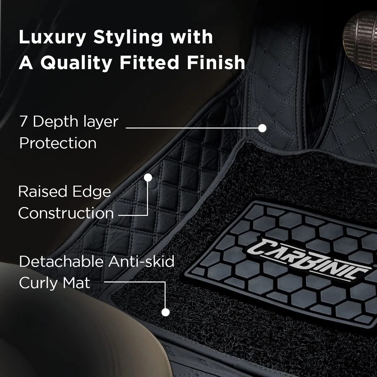 CARBINIC 7D Car Mats | Compatible for Kia Seltos 2019 | 7-Depth Layer Protection Car Floor Mats Anti Skid | Car Accessories | Detachable Layer of Curly Mat | Premium Double Stitched Leather Mats