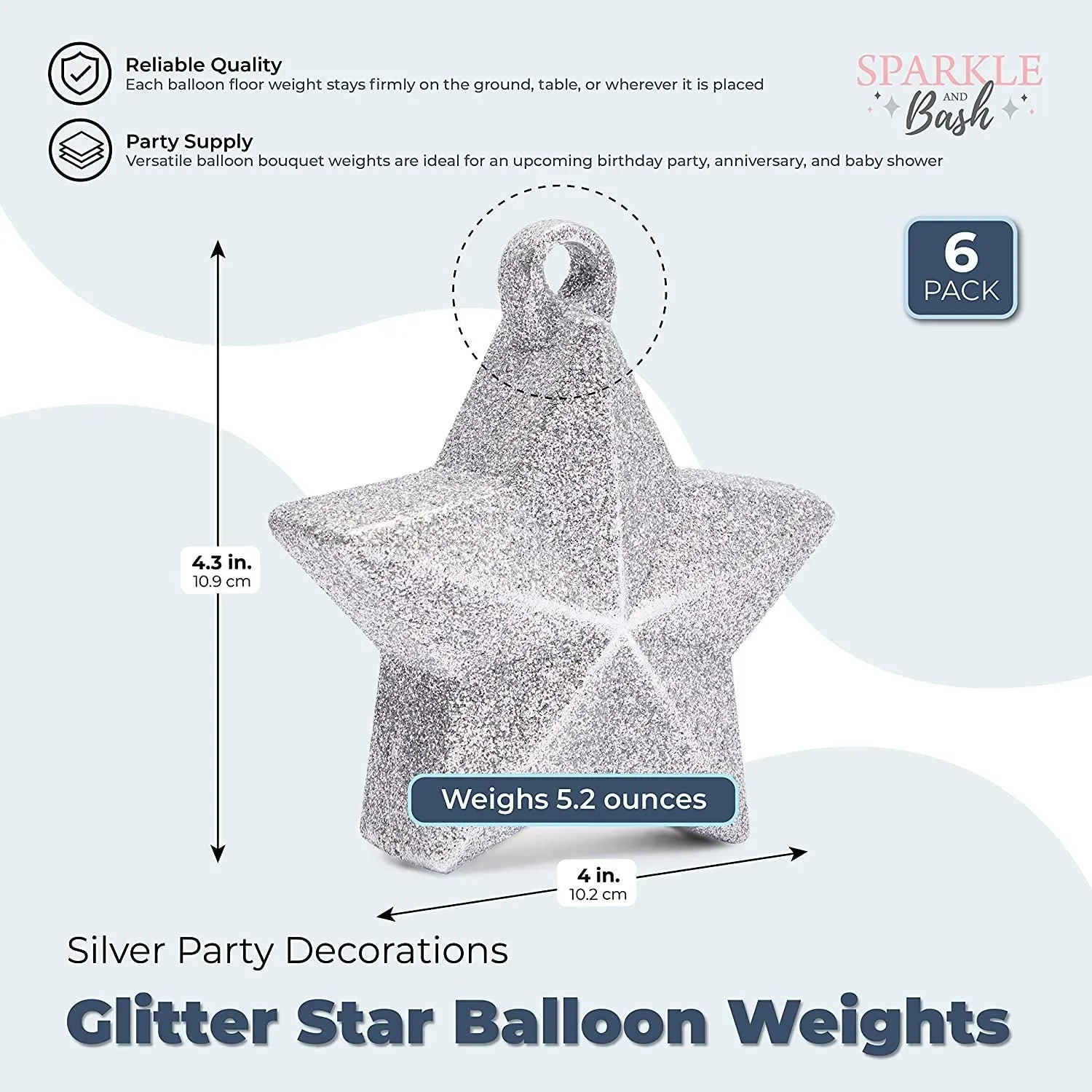 Glitter Star Balloon Weights, Silver Party Decorations, 5.2 oz (2.1 X 5 In, 6 Pack)