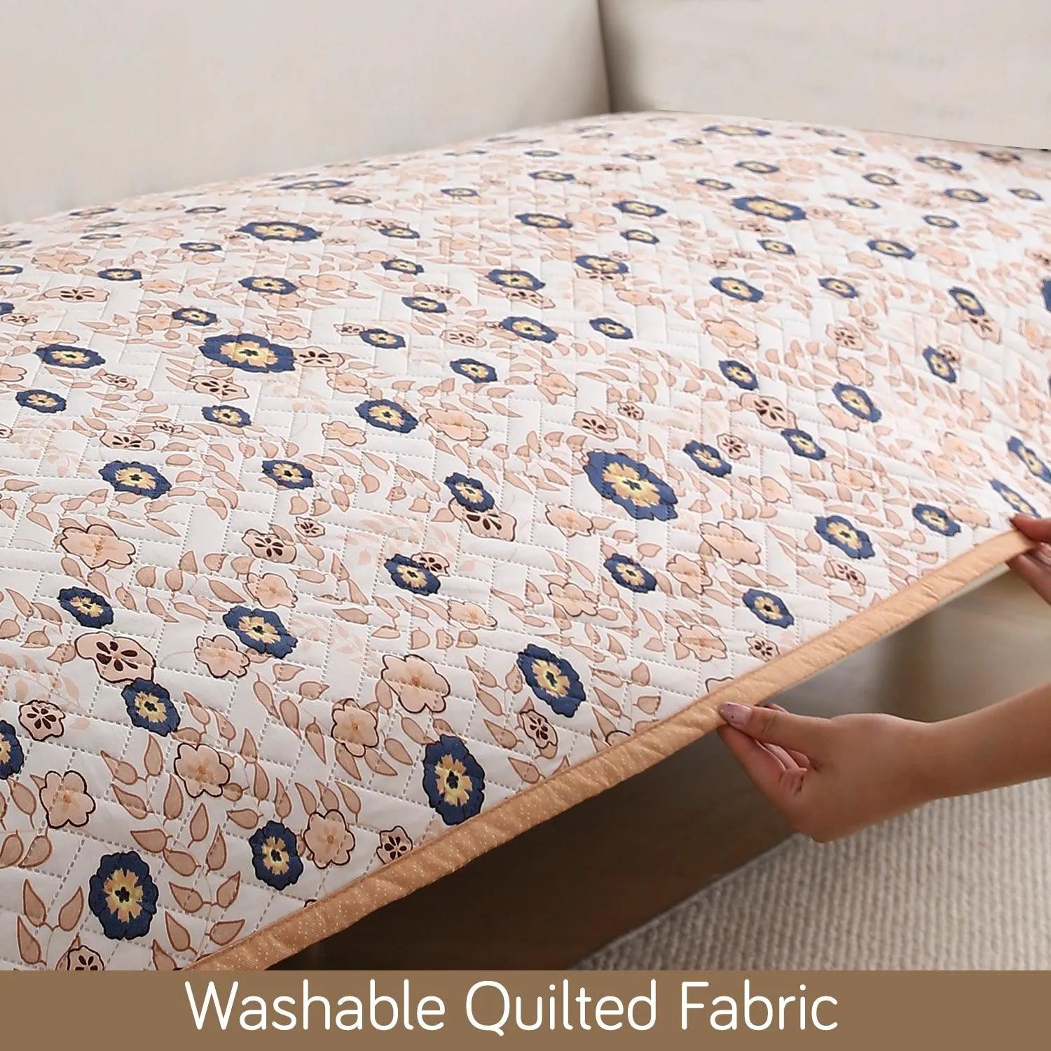 HOKIPO Printed Quilted Sofa Cover L Shape, Light Peach Candytuft