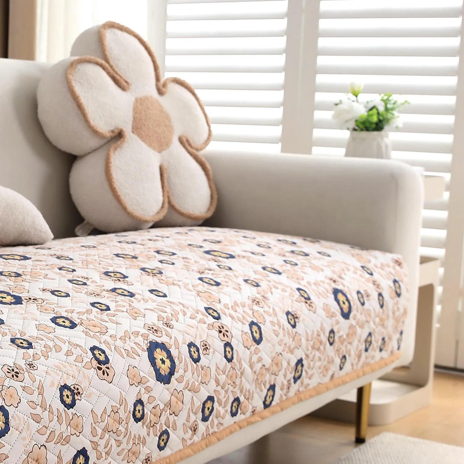 HOKIPO Printed Quilted Sofa Cover L Shape, Light Peach Candytuft