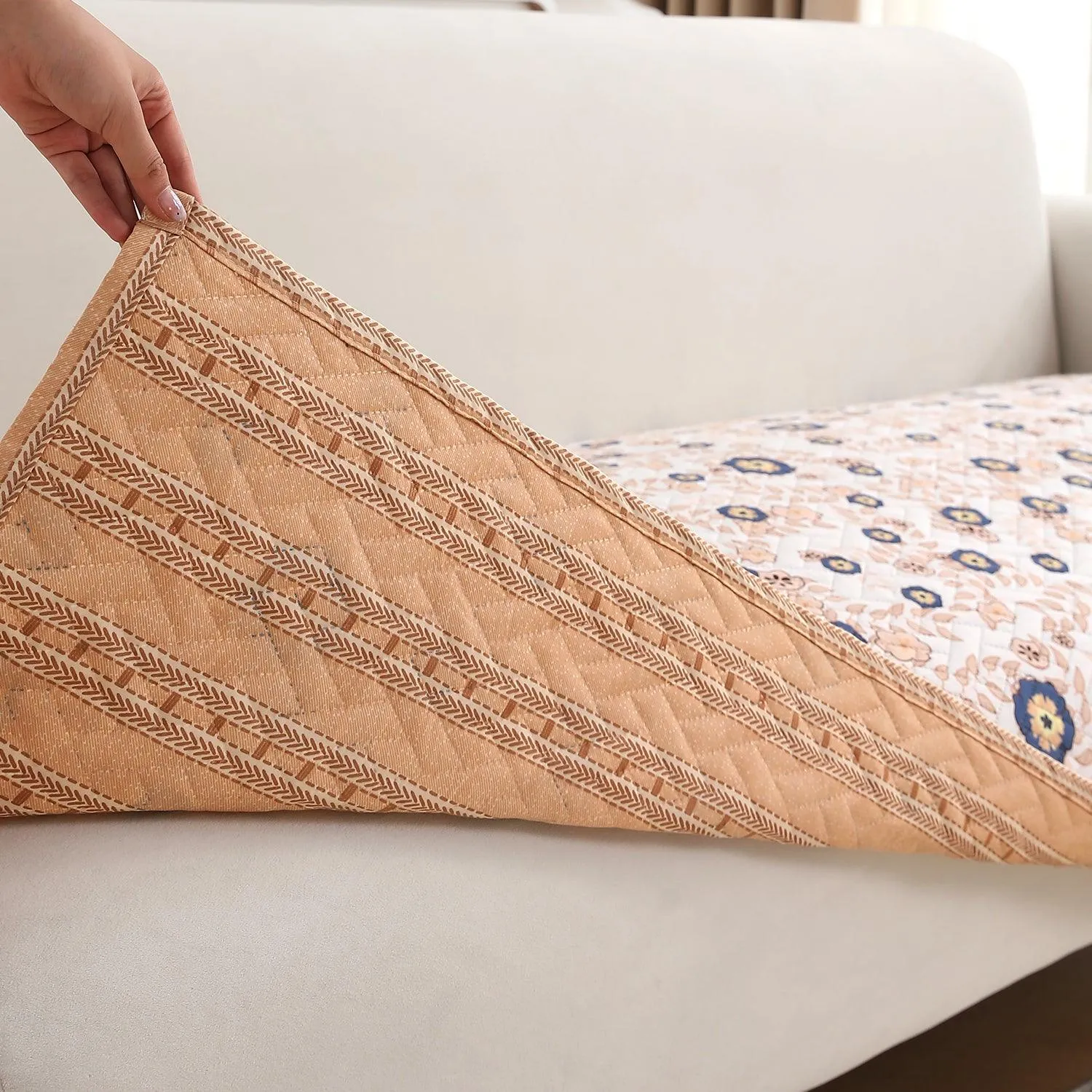 HOKIPO Printed Quilted Sofa Cover L Shape, Light Peach Candytuft