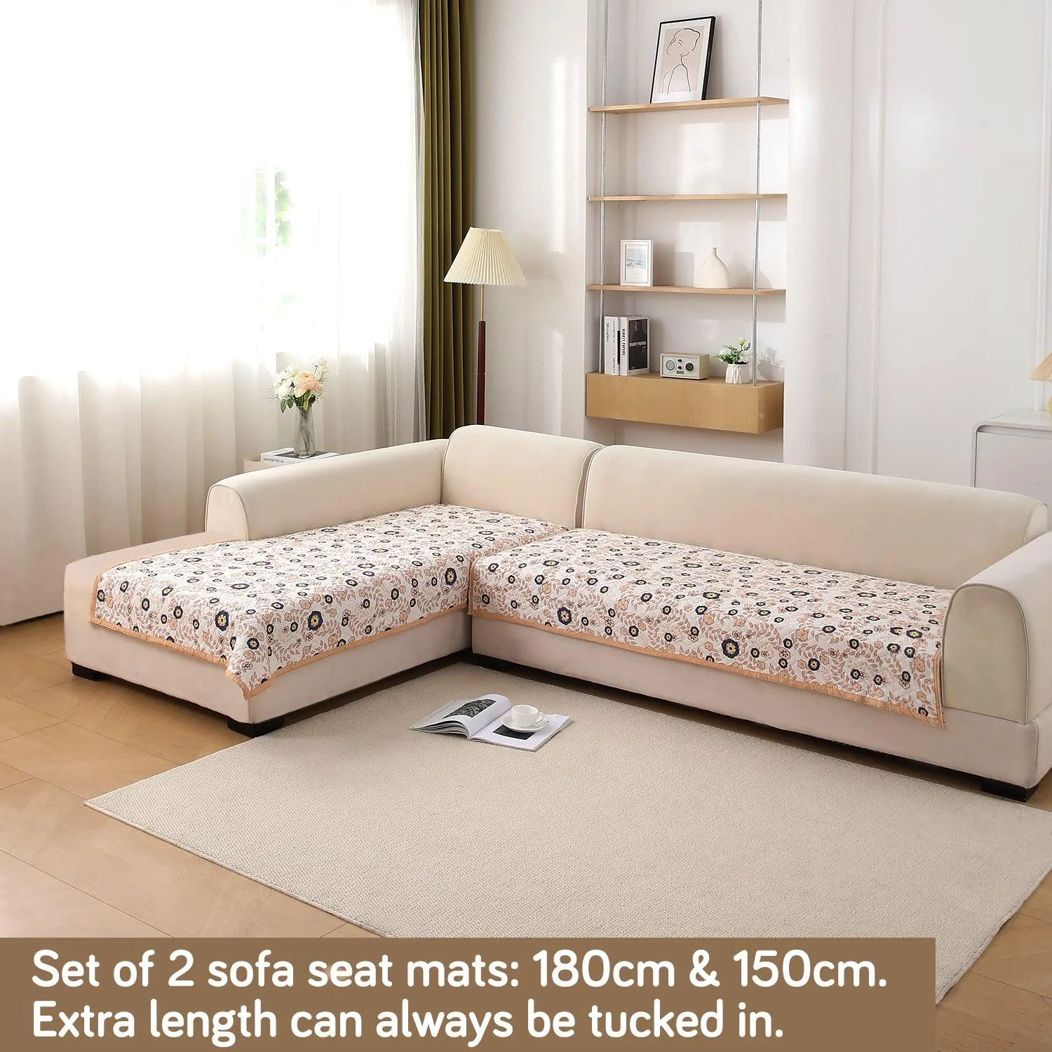 HOKIPO Printed Quilted Sofa Cover L Shape, Light Peach Candytuft