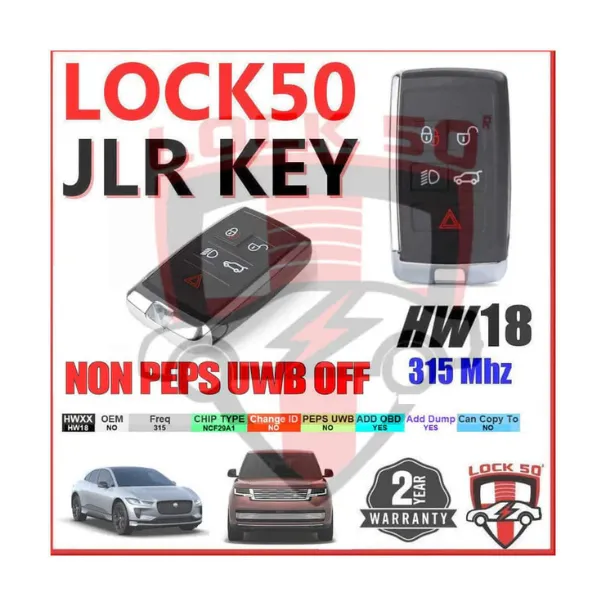JLR Lock50 - HW18 Change ID JLR NON PEPS Key for Land Rover & Jaguar - 315 MHz, UWB Off, Aftermarket