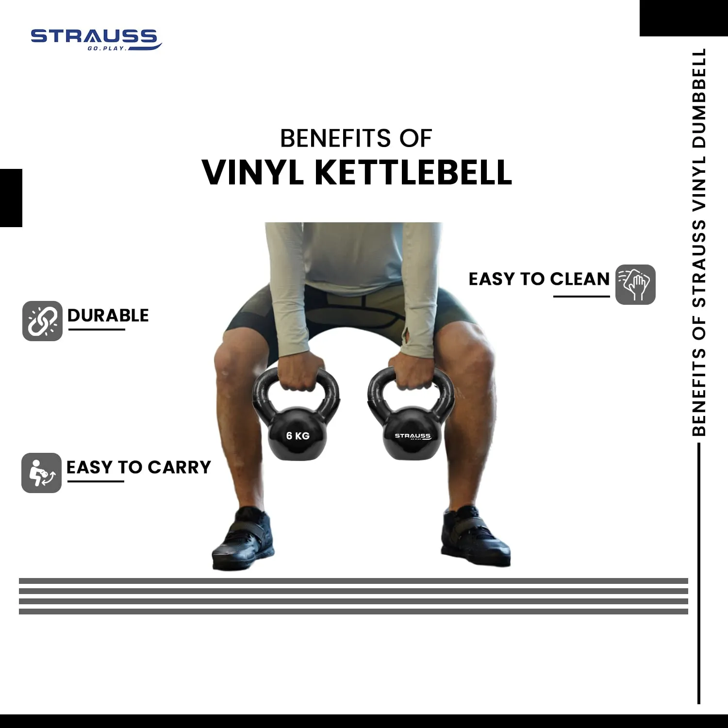 Strauss Premium Vinyl Kettlebell Weight for Men & Women | 4 Kg | Ideal for Home Workout, Yoga, Pilates, Gym Exercises | Non-Slip, Easy to Hold, Scratch Resistant (Black)