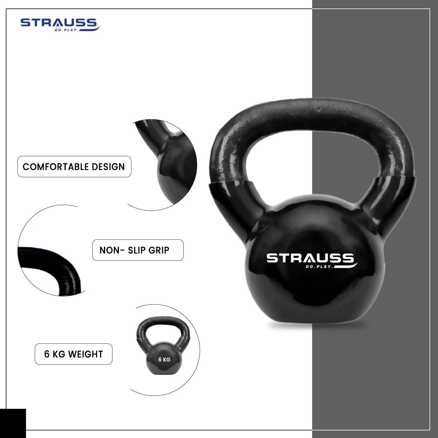Strauss Premium Vinyl Kettlebell Weight for Men & Women | 4 Kg | Ideal for Home Workout, Yoga, Pilates, Gym Exercises | Non-Slip, Easy to Hold, Scratch Resistant (Black)