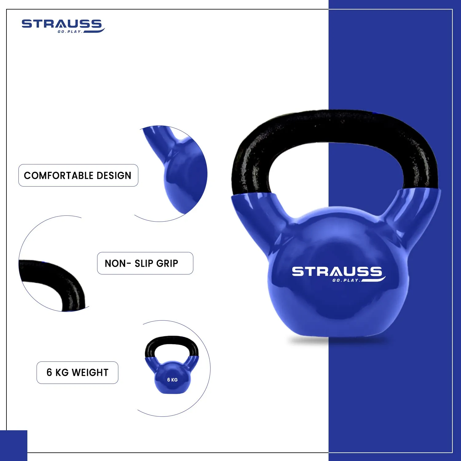 Strauss Premium Vinyl Kettlebell Weight for Men & Women | 4 Kg | Ideal for Home Workout, Yoga, Pilates, Gym Exercises | Non-Slip, Easy to Hold, Scratch Resistant (Blue)
