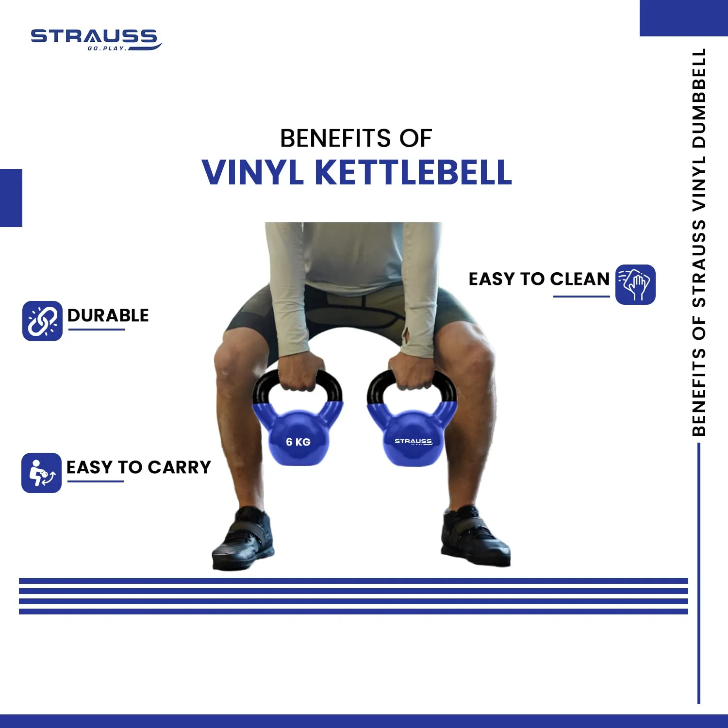 Strauss Premium Vinyl Kettlebell Weight for Men & Women | 4 Kg | Ideal for Home Workout, Yoga, Pilates, Gym Exercises | Non-Slip, Easy to Hold, Scratch Resistant (Blue)