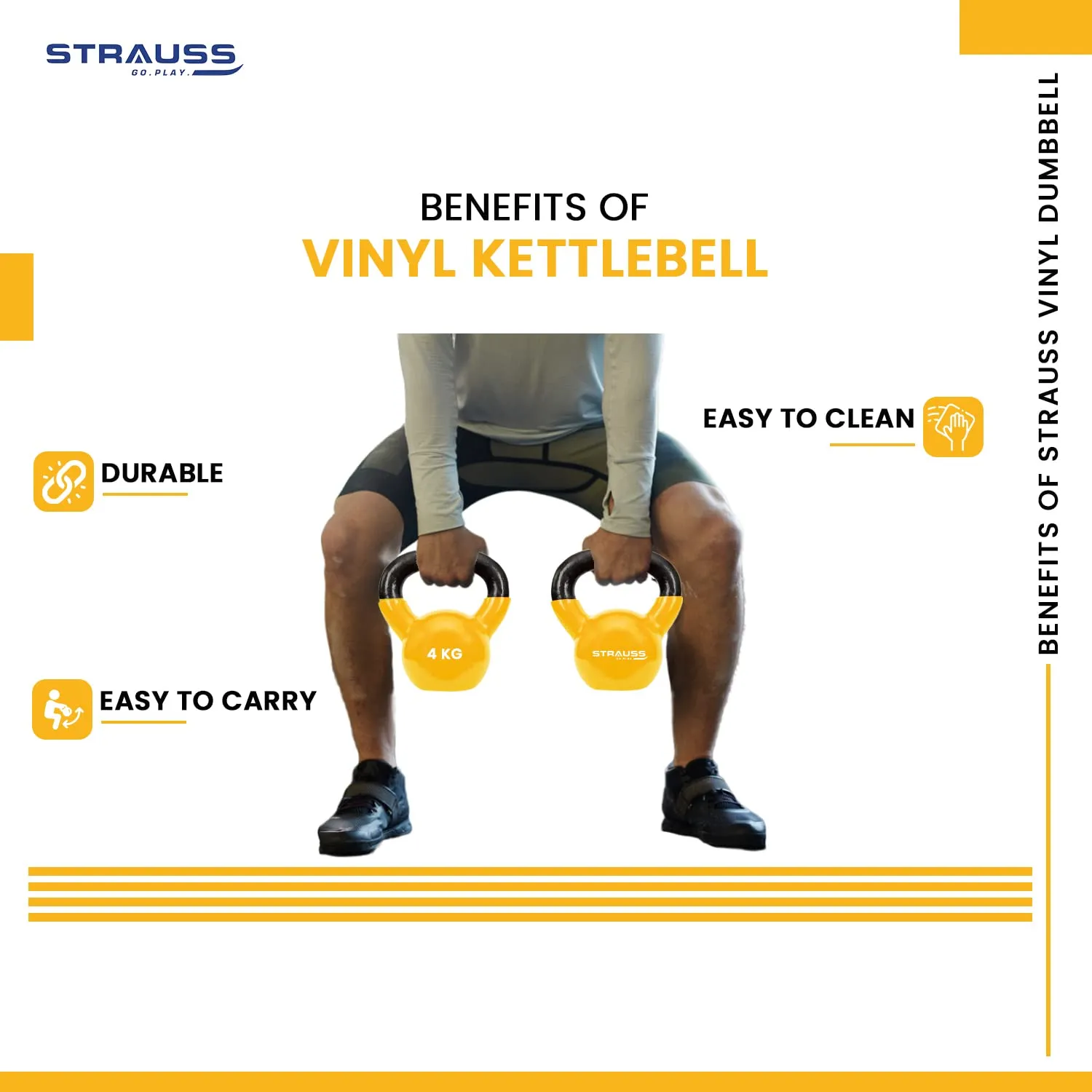 Strauss Premium Vinyl Kettlebell Weight for Men & Women | 4 Kg | Ideal for Home Workout, Yoga, Pilates, Gym Exercises | Non-Slip, Easy to Hold, Scratch Resistant (Yellow)