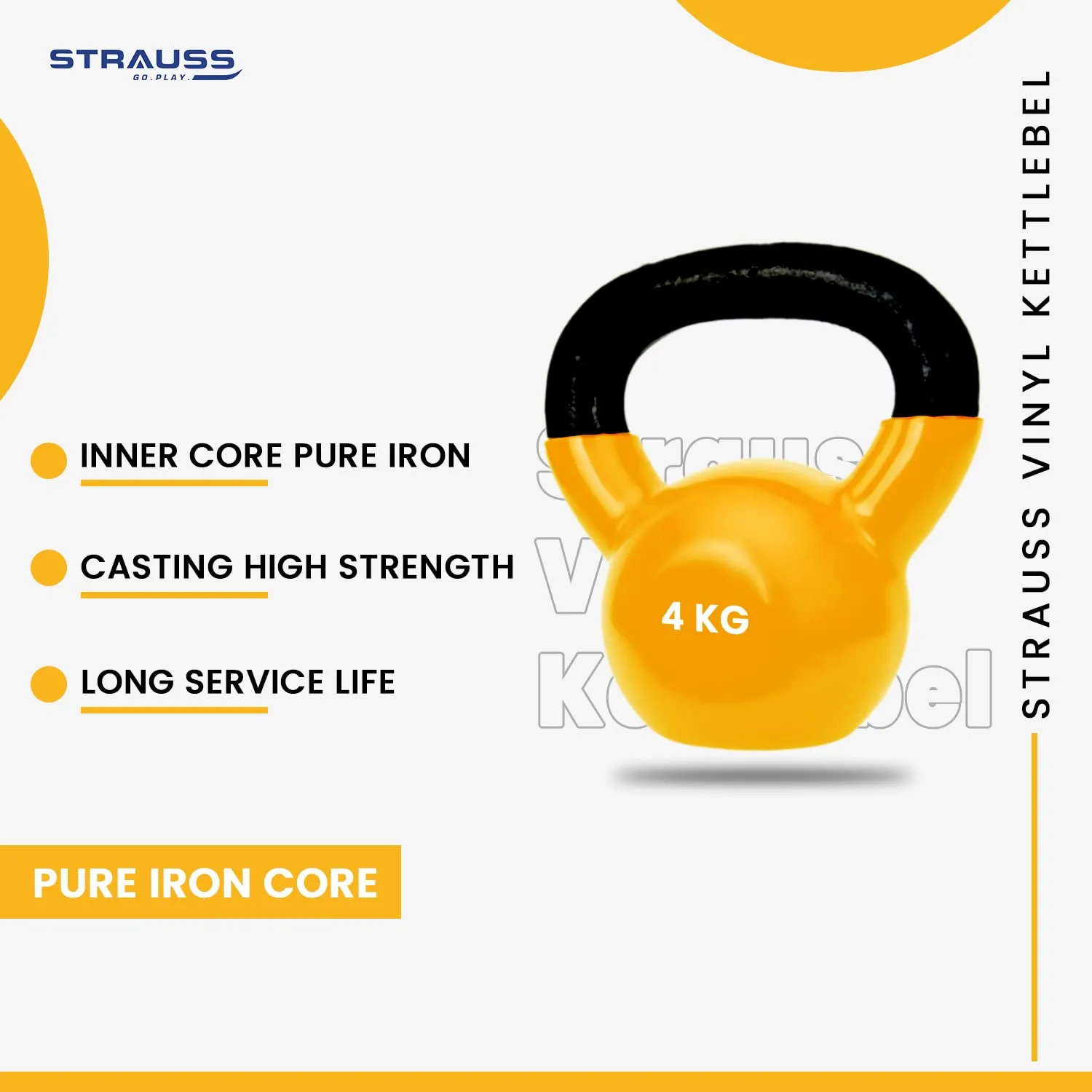 Strauss Premium Vinyl Kettlebell Weight for Men & Women | 4 Kg | Ideal for Home Workout, Yoga, Pilates, Gym Exercises | Non-Slip, Easy to Hold, Scratch Resistant (Yellow)