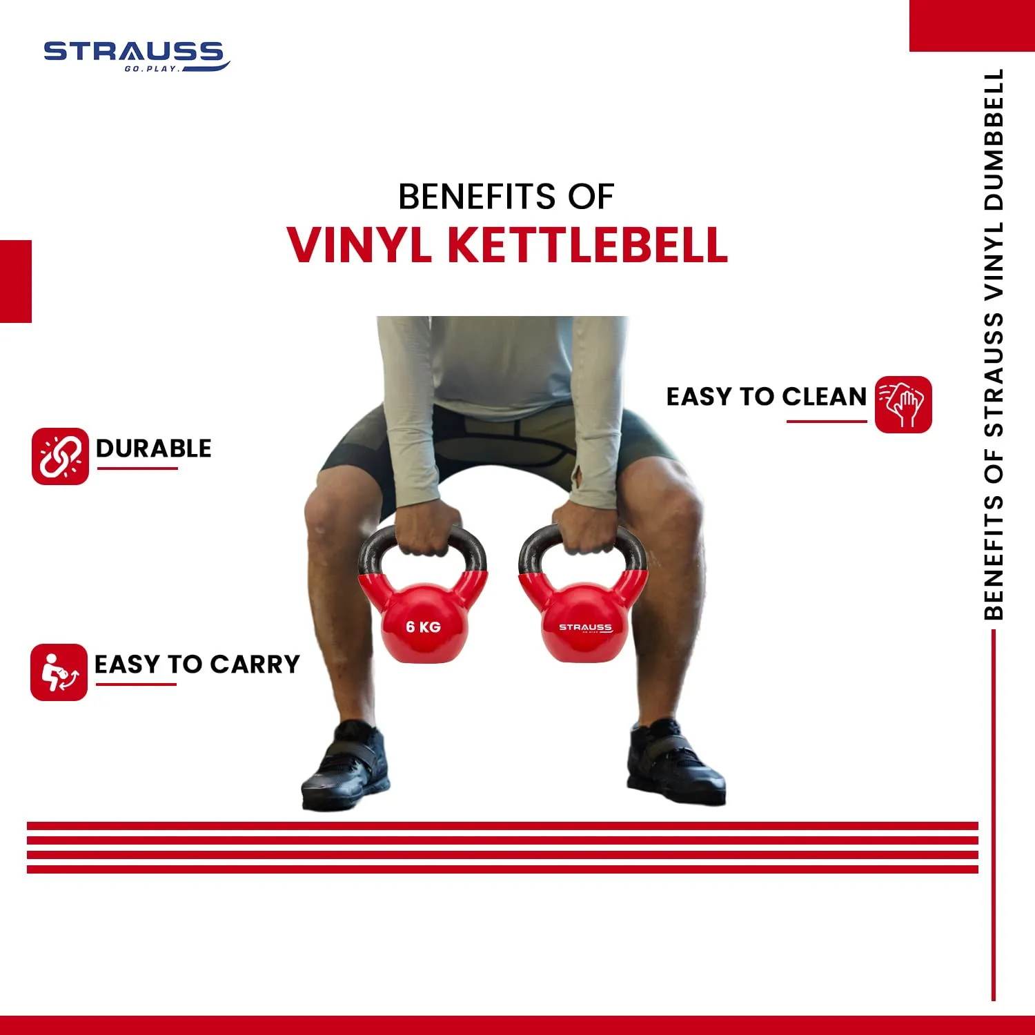 Strauss Premium Vinyl Kettlebell Weight for Men & Women | 6 Kg | Ideal for Home Workout, Yoga, Pilates, Gym Exercises | Non-Slip, Easy to Hold, Scratch Resistant (Red)