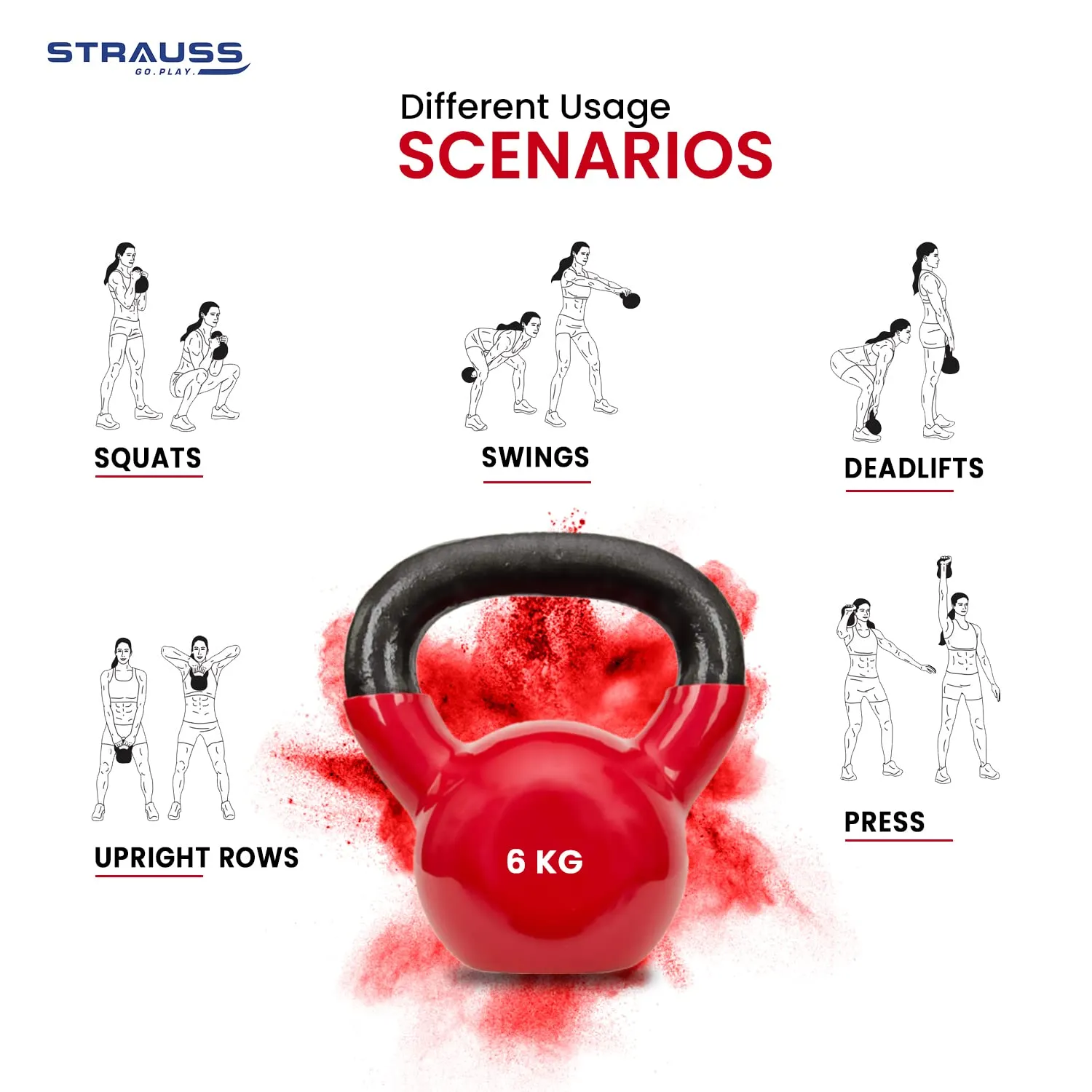 Strauss Premium Vinyl Kettlebell Weight for Men & Women | 6 Kg | Ideal for Home Workout, Yoga, Pilates, Gym Exercises | Non-Slip, Easy to Hold, Scratch Resistant (Red)