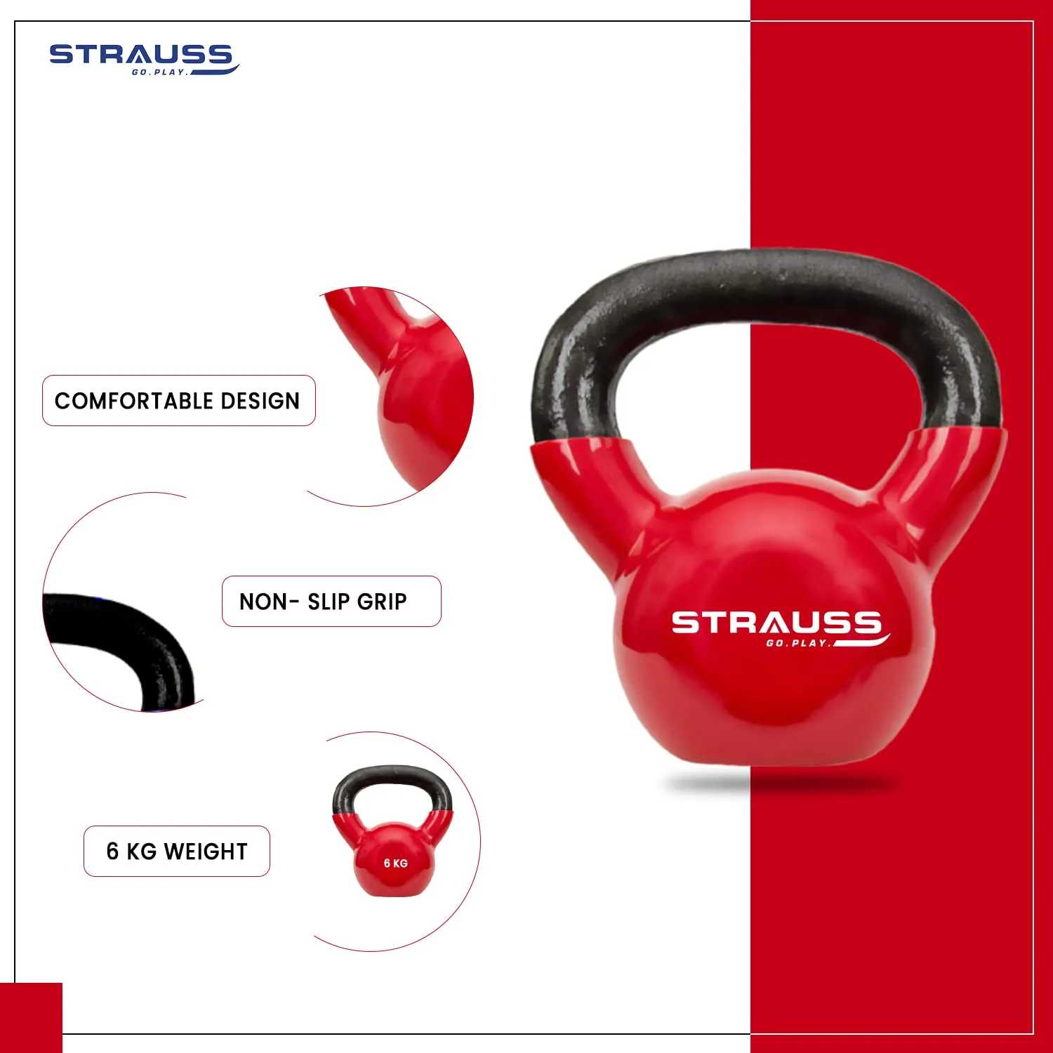 Strauss Premium Vinyl Kettlebell Weight for Men & Women | 6 Kg | Ideal for Home Workout, Yoga, Pilates, Gym Exercises | Non-Slip, Easy to Hold, Scratch Resistant (Red)