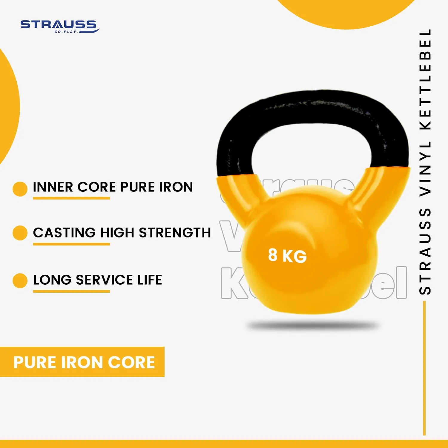 Strauss Premium Vinyl Kettlebell Weight for Men & Women | 8 Kg | Ideal for Home Workout, Yoga, Pilates, Gym Exercises | Non-Slip, Easy to Hold, Scratch Resistant (Yellow)