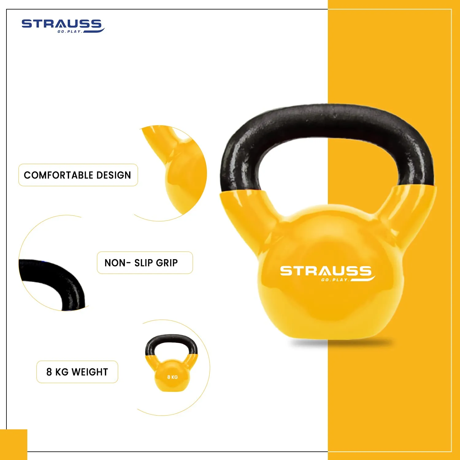 Strauss Premium Vinyl Kettlebell Weight for Men & Women | 8 Kg | Ideal for Home Workout, Yoga, Pilates, Gym Exercises | Non-Slip, Easy to Hold, Scratch Resistant (Yellow)